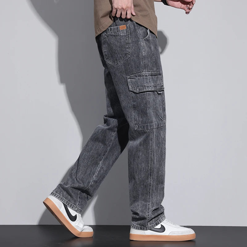 Men's Baggy Straight Cargo Jeans with Elastic Waist