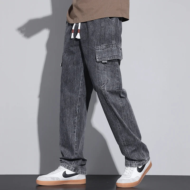 Men's Baggy Straight Cargo Jeans with Elastic Waist