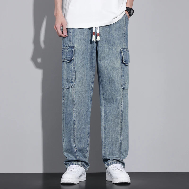 Men's Baggy Straight Cargo Jeans with Elastic Waist