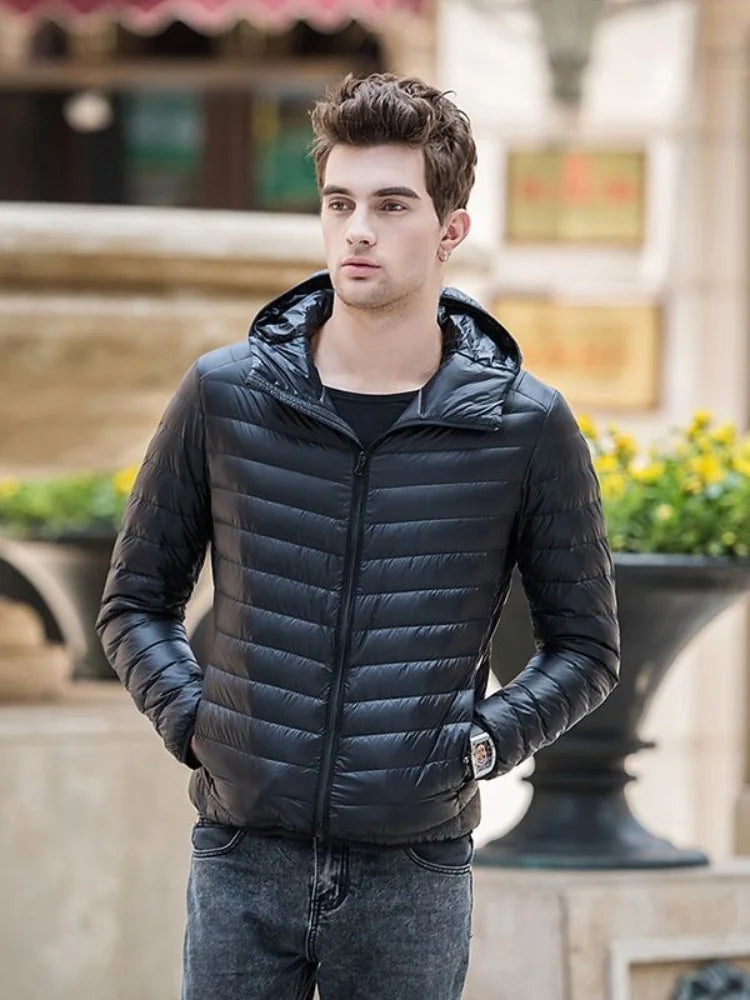 Men's Puffer Jacket with Zipper and Hood
