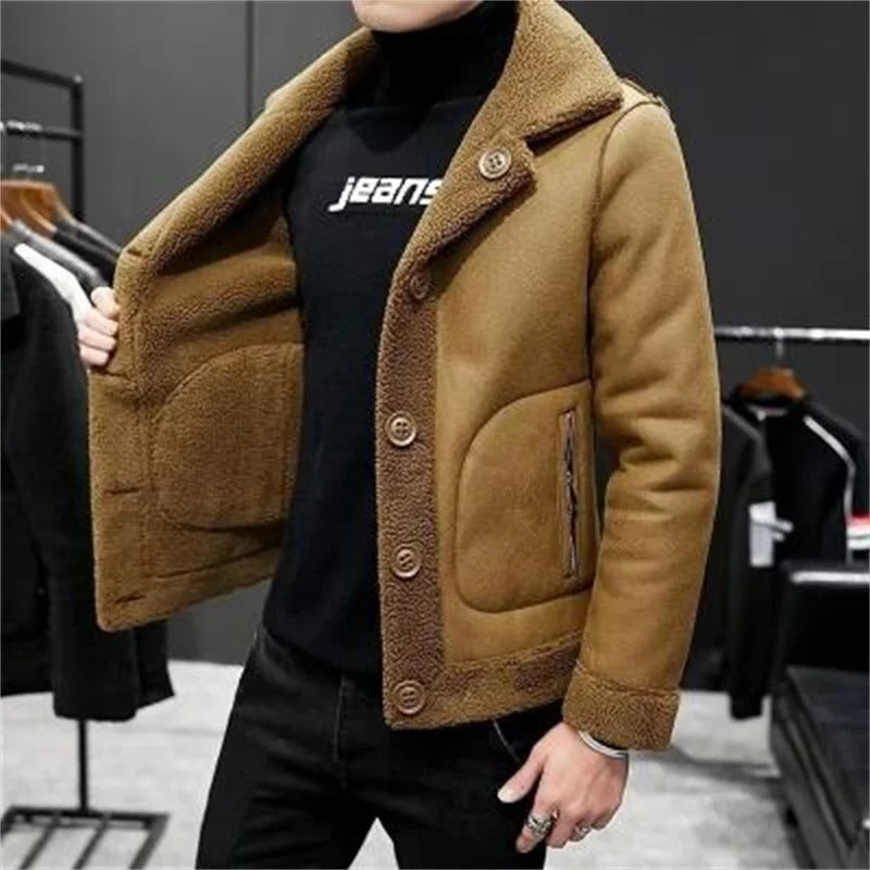 trendy outerwear, travel coat, stylish winter jacket, men's fashion, suede leather coat