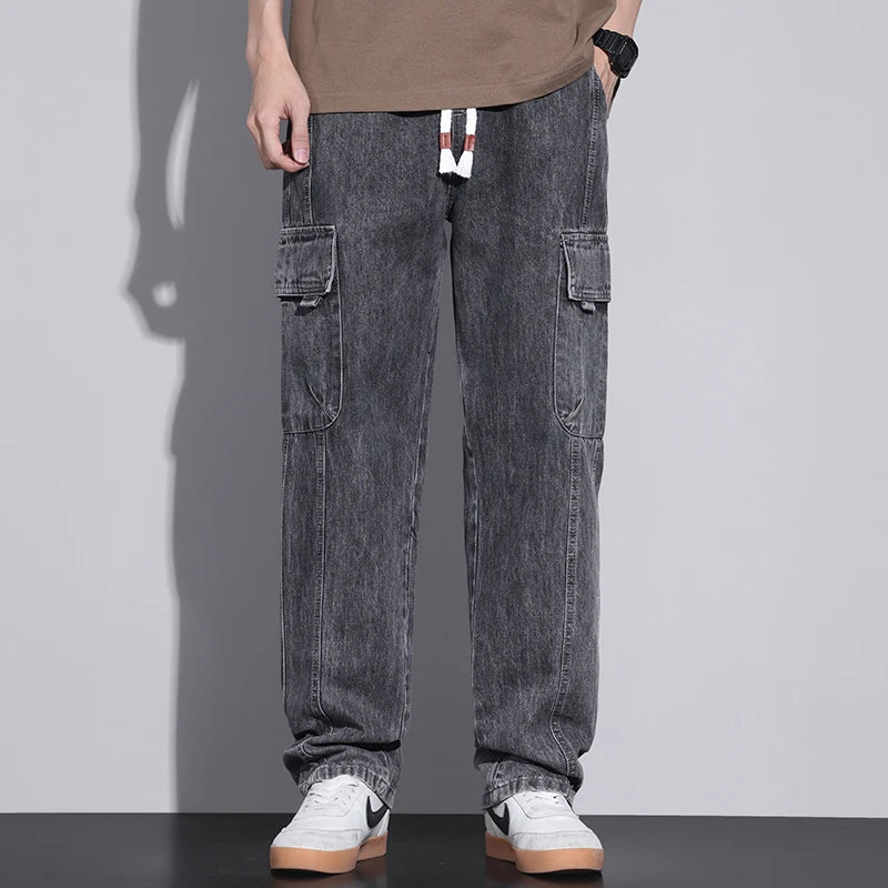 Men's Baggy Straight Cargo Jeans with Elastic Waist