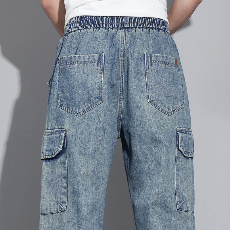 Men's Baggy Straight Cargo Jeans with Elastic Waist