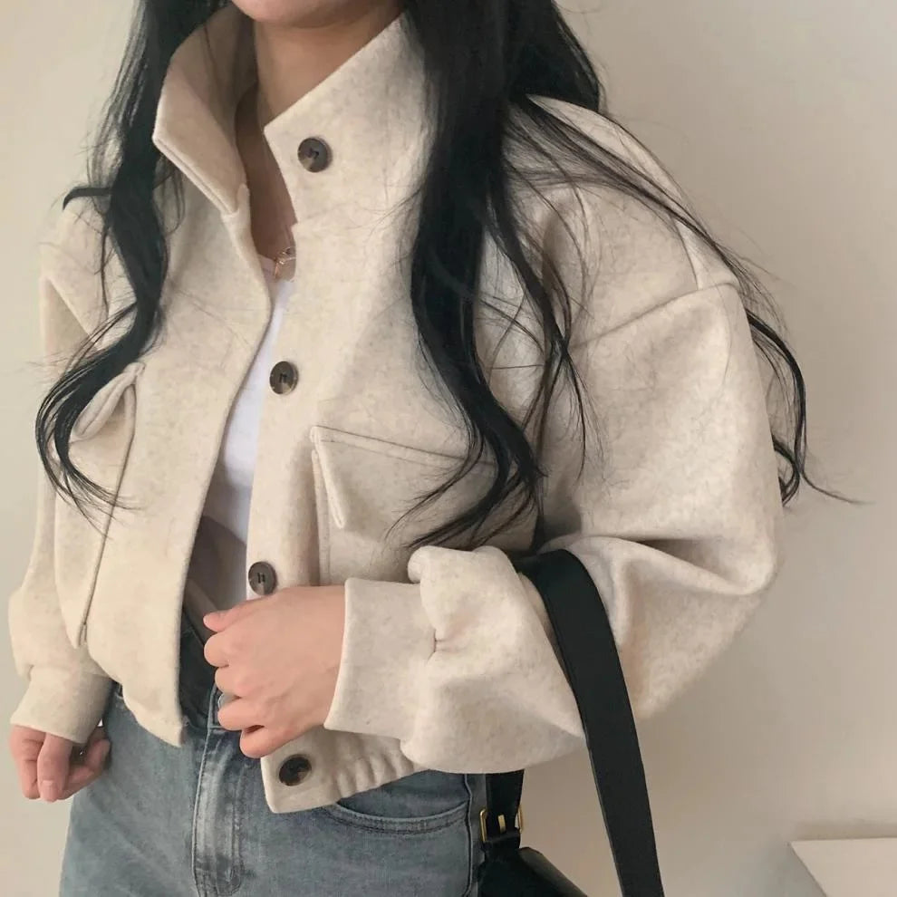 Women's Jacket with Pockets and Stand Collar