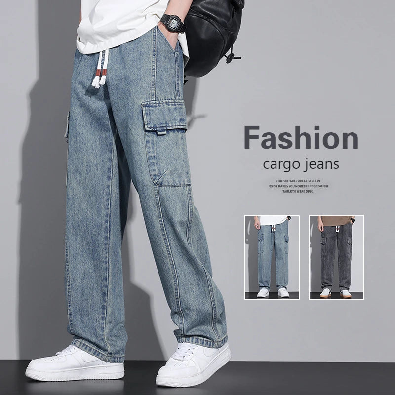 Men's Baggy Straight Cargo Jeans with Elastic Waist