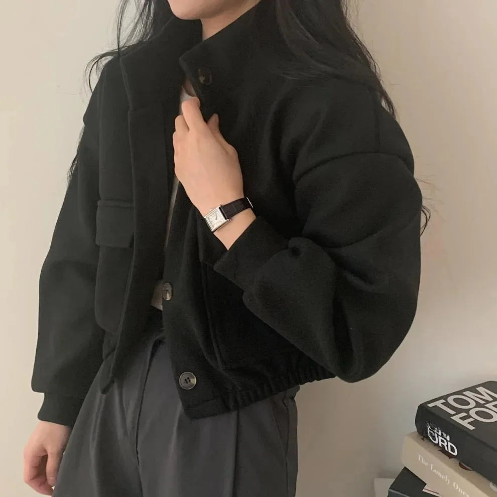 Women's Jacket with Pockets and Stand Collar